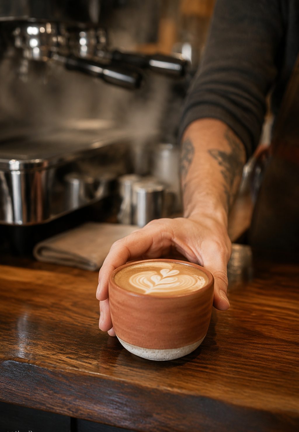 A flat white in a hand-thrown ceramic cup served across the counter, espresso machine steaming behind